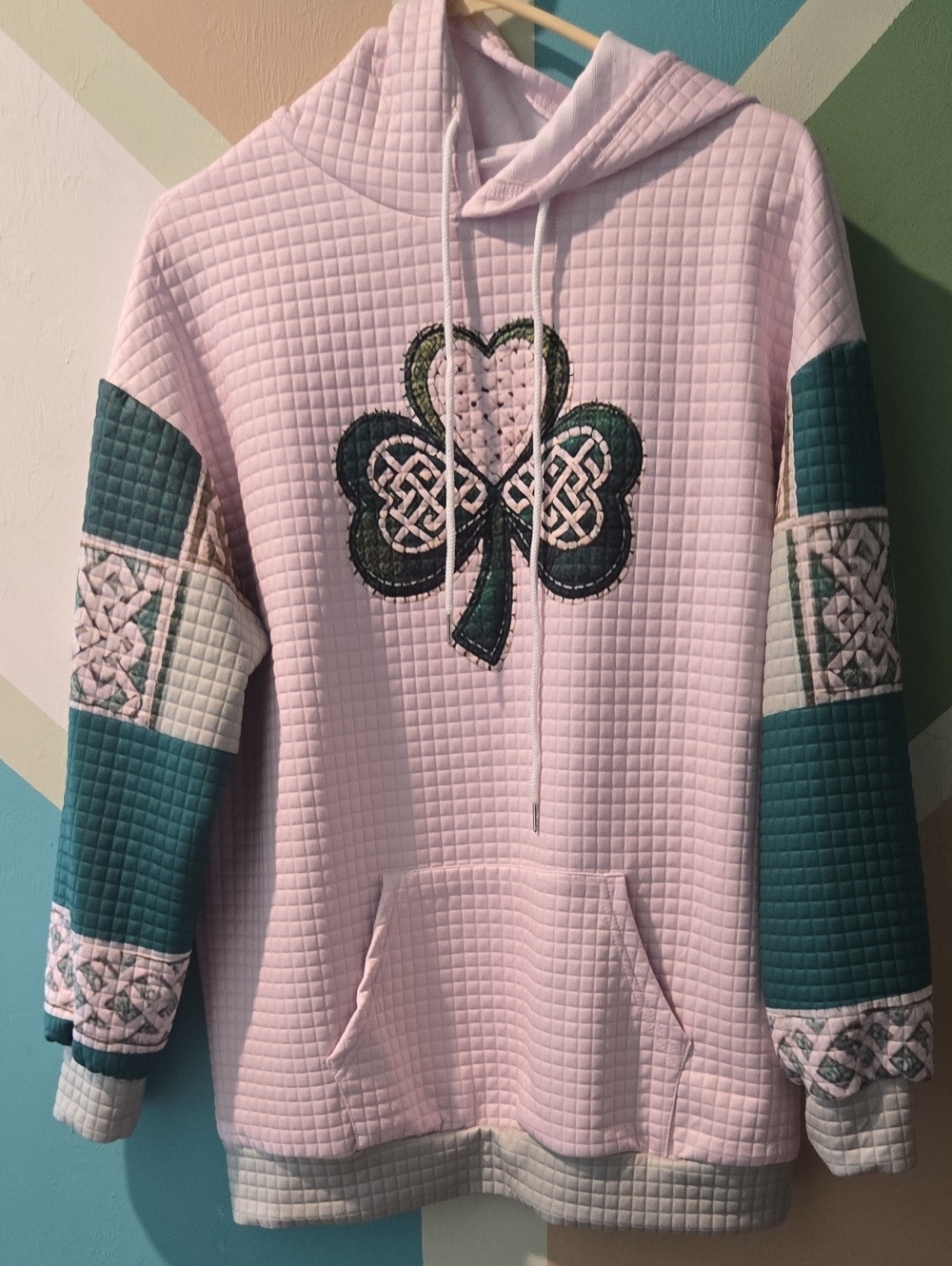 Quilted Pink Hoodie with Green Shamrock Appliqué